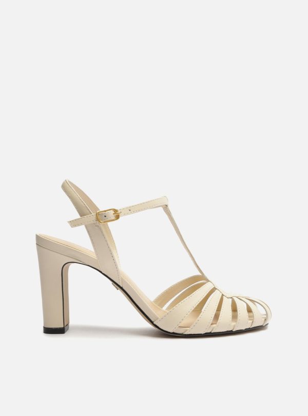 Sand?lia Off-White Couro Salto Bloco Multi Tiras