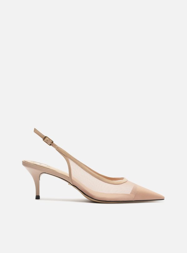 Scarpin Bege Tela Salto Kitten Slingback