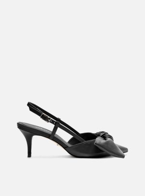 Scarpin Preto Couro Salto Fino Maxi La?o Slingback