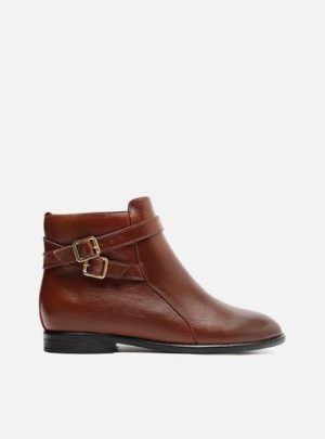 Bota Marrom Escuro Couro Cano Curto Tiras Fivelas