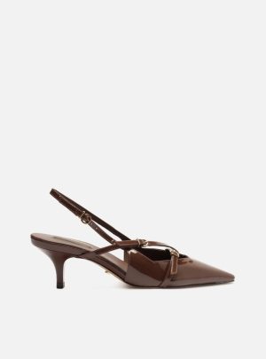Scarpin Marrom Verniz Salto M?dio Slingback Am?lia