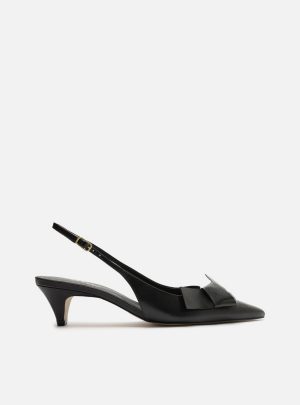Scarpin Preto Couro Bico Fino Slingback La?o