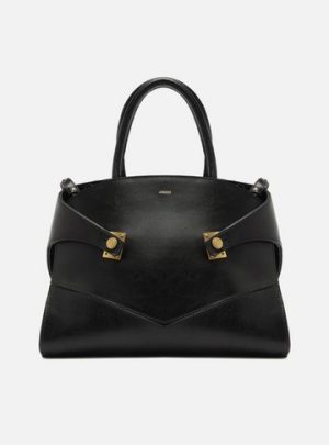 Bolsa Tote Preta Couro Grande Recortes Metais